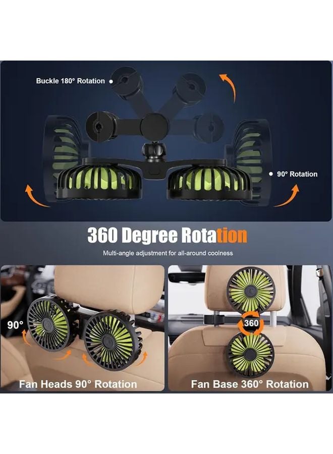 Dual Head USB Car Cooling Fan For Backseat 360 Degree Rotatable 3 Speeds Black - Image 3